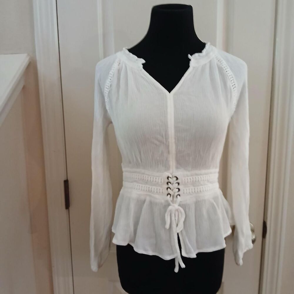 Y2K Vintage American Rag White Corset Style Lace Up Long Sleeve Top M Festival